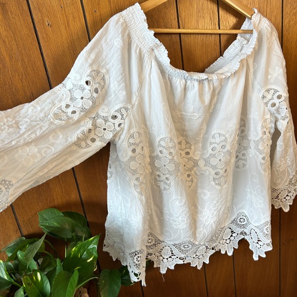 Chicos Embroidered Off The Shoulder Boho Lace White Cotton Blouse Plus Size 16 - Picture 3 of 9